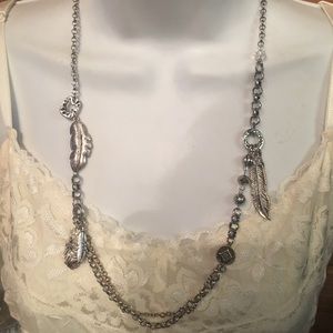 Long silver necklace w/ earrings feather crystal